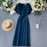 Slim V Neck Button Dresses